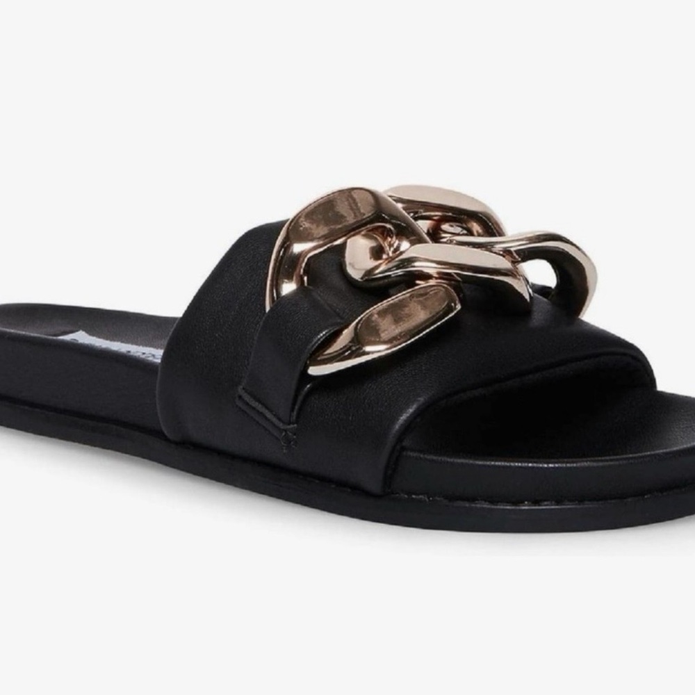 Steve Madden Delay Black Slide Sandals with Gold Chain size 10